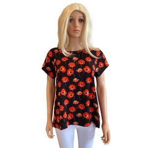 CAbi Red Poppies Short Sleeve Blouse Tunic W's Small Split Back